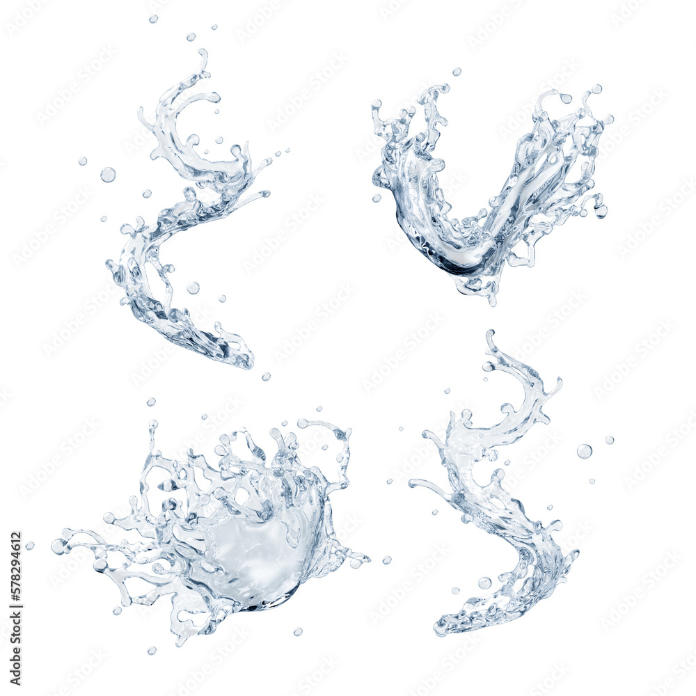 Set of pure water splashes. 3d illustration - obrazy, fototapety, plakaty 