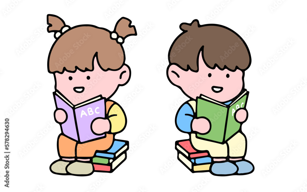 A cute kid character, reading a book, studying and doing homework, isolated on a background, for a back-to-school concept.