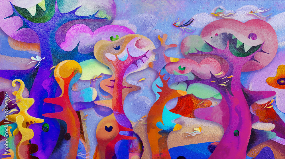 Oil painting surreal forest fantasy, Abstract wallpaper illustration oil paintings.