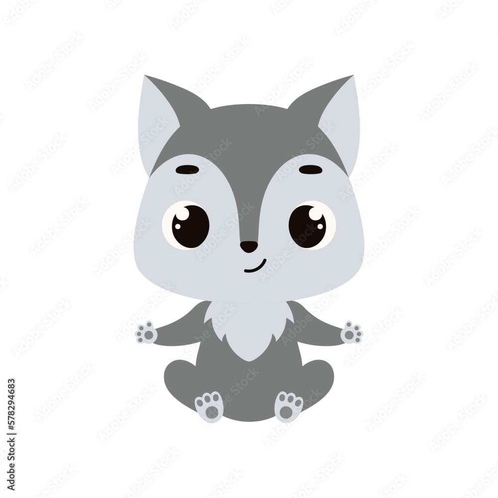 Cute little sitting wolf. Cartoon animal character for kids cards, baby shower, invitation, poster, t-shirt composition, house interior. Vector stock illustration Cute little sitting wolf. Cartoon animal character for kids cards, baby shower, invitation, poster, t-shirt composition, house interior. Vector stock illustration