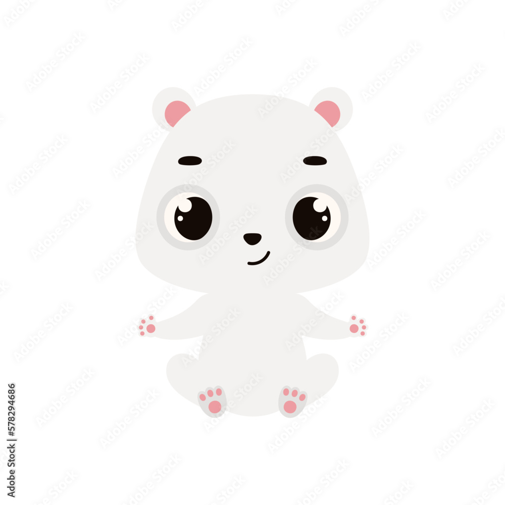 Cute little sitting polar bear. Cartoon animal character for kids cards, baby shower, invitation, poster, t-shirt composition, house interior. Vector stock illustration Cute little sitting polar bear. Cartoon animal character for kids cards, baby shower, invitation, poster, t-shirt composition, house interior. Vector stock illustration