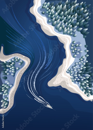 Boat on the river and forest in a winter nature landscape from top. Vector illustration