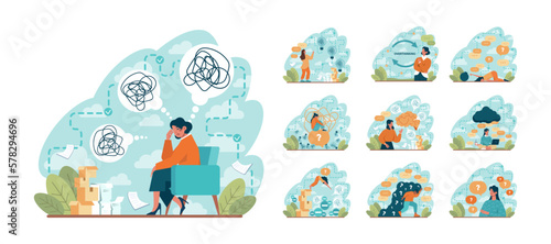 Overthinking set. Anxiety and stress caused by thinking too much.