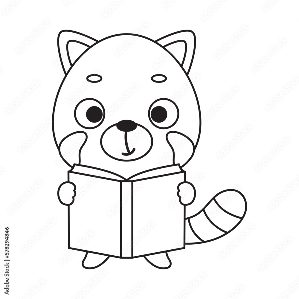Coloring page cute little red panda reads book. Coloring book for kids