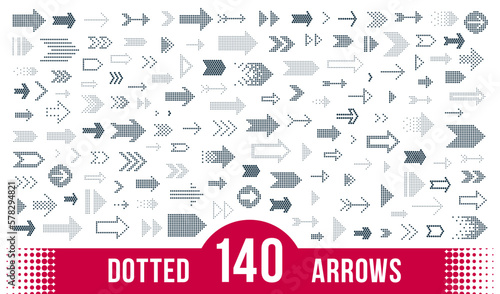 Dotted arrows big vector set of icons or logos, collection of direction cursors made with dots, perforated symbols, different shapes arrows for graphic design usage.