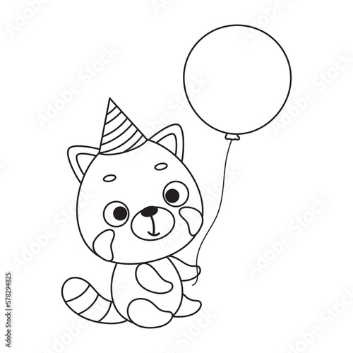 Coloring page cute little red panda in birthday hat hold balloon. Coloring book for kids. Educational activity for preschool years kids and toddlers with cute animal. Vector stock illustration