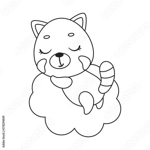 Coloring page cute little red panda sleeping on cloud. Coloring book for kids. Educational activity for preschool years kids and toddlers with cute animal. Vector stock illustration