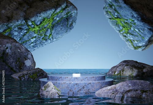 podium landscape with rocks and water