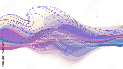 Nature art oriental Japanese style vector abstract background, runny like water shapes and lines with textures.