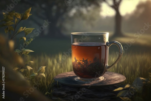 Black tea with herbs in nature. AI generative.