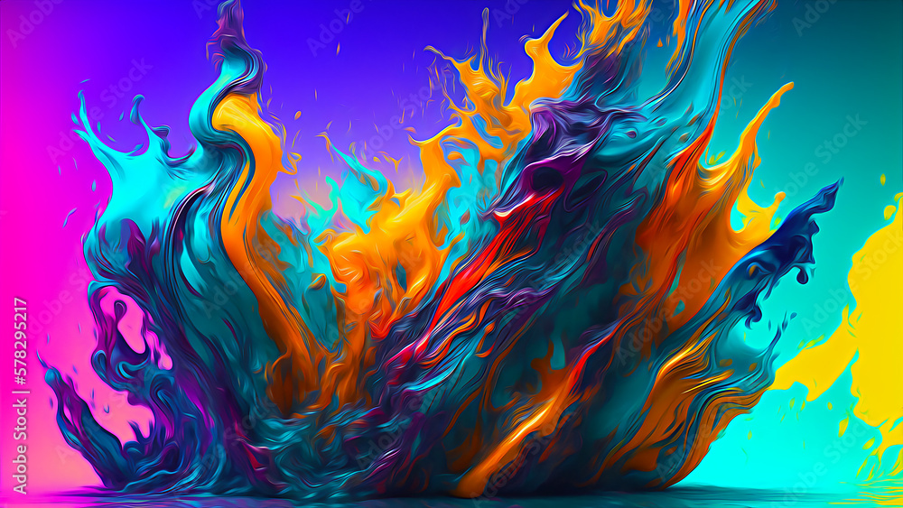 Fototapeta premium Abstract splash and mixing of bright multi-colored paints, colorful bubbles, splatters and drops. Generative AI. 