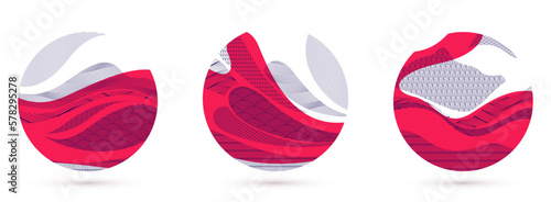 Abstract oriental Japanese art vector backgrounds set in red color in shape of circle, traditional style design, wavy shapes and mountains terrain landscape, runny like sea lines.