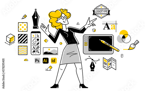 Graphic designer doing some creative job using computer software, digital visual artist working on a project vector outline illustration, composing and editing.