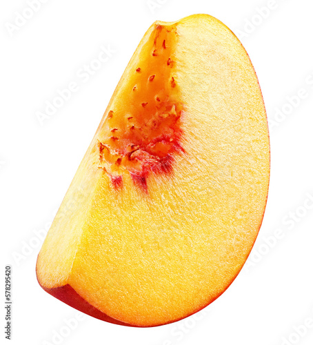 Slice of ripe peach fruit isolated on transparent background. Full depth of field. photo