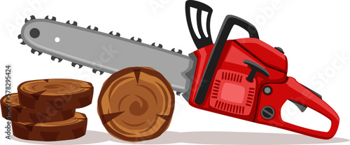 Chainsaw saws a wooden log on a white background. professional tool