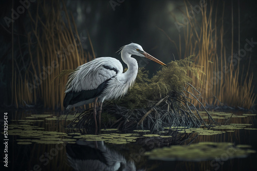 lonely stork bird in the swamp Generative AI