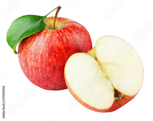 Ripe red apple fruit with apple half without seeds and apple leaf isolated on transparent background