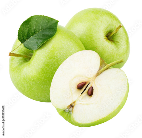 Group of ripe green apple fruits with apple half and green apple leaf isolated on transparent background