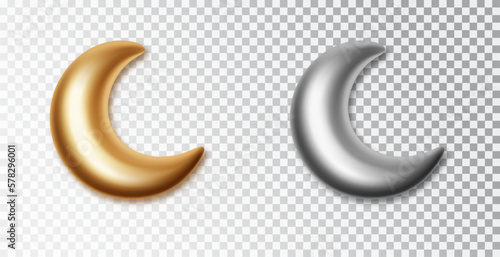 Crescent moon isolated on white background. 3d golden and silver decorative vector elements isolated on transparent background. Islamic symbol crescent moon set. photo