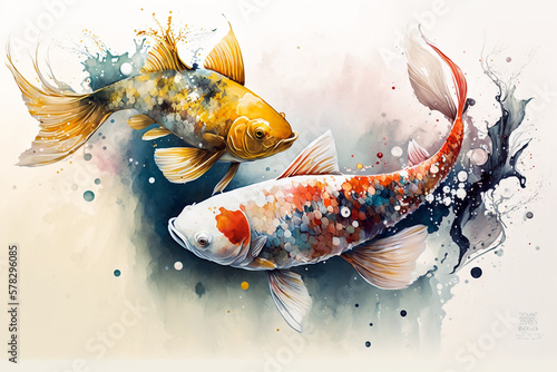 Two koi fishes with watercolor style isolated on white background. Generative AI illustration