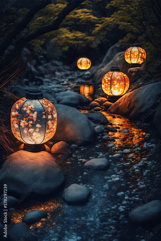 Obraz premium Japanese lanterns floating on the river, a sacred mystical spiritual concept. Generative Ai