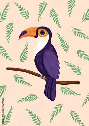 Vector illustration of exotic bird toucan for postcard, poster.