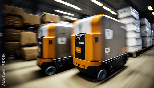 Warehouse with AGV (Automated Guided Vehicle) and boxes. Generative Ai