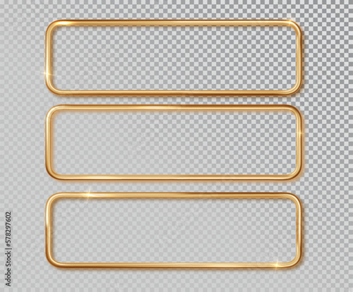 Gold frame horizontal set realistic. Vector Metal gold border with place for inscriptions isolated on transparent background. Realistic 3D design