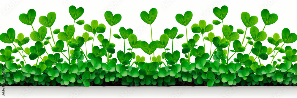Clover leaves isolated on white background. Panoramic format. Widescreen. Generative AI