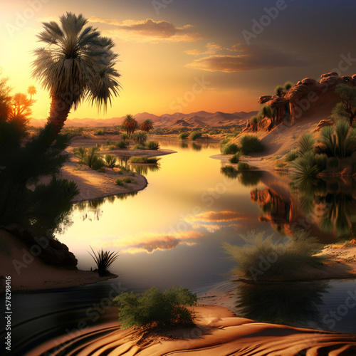 Oasis with water in the middle of the desert. Generative AI.