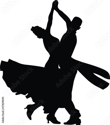 female and male dancer dancing, ball gown skirt and coat tails whirling, black silhouette on white background, vector illustration