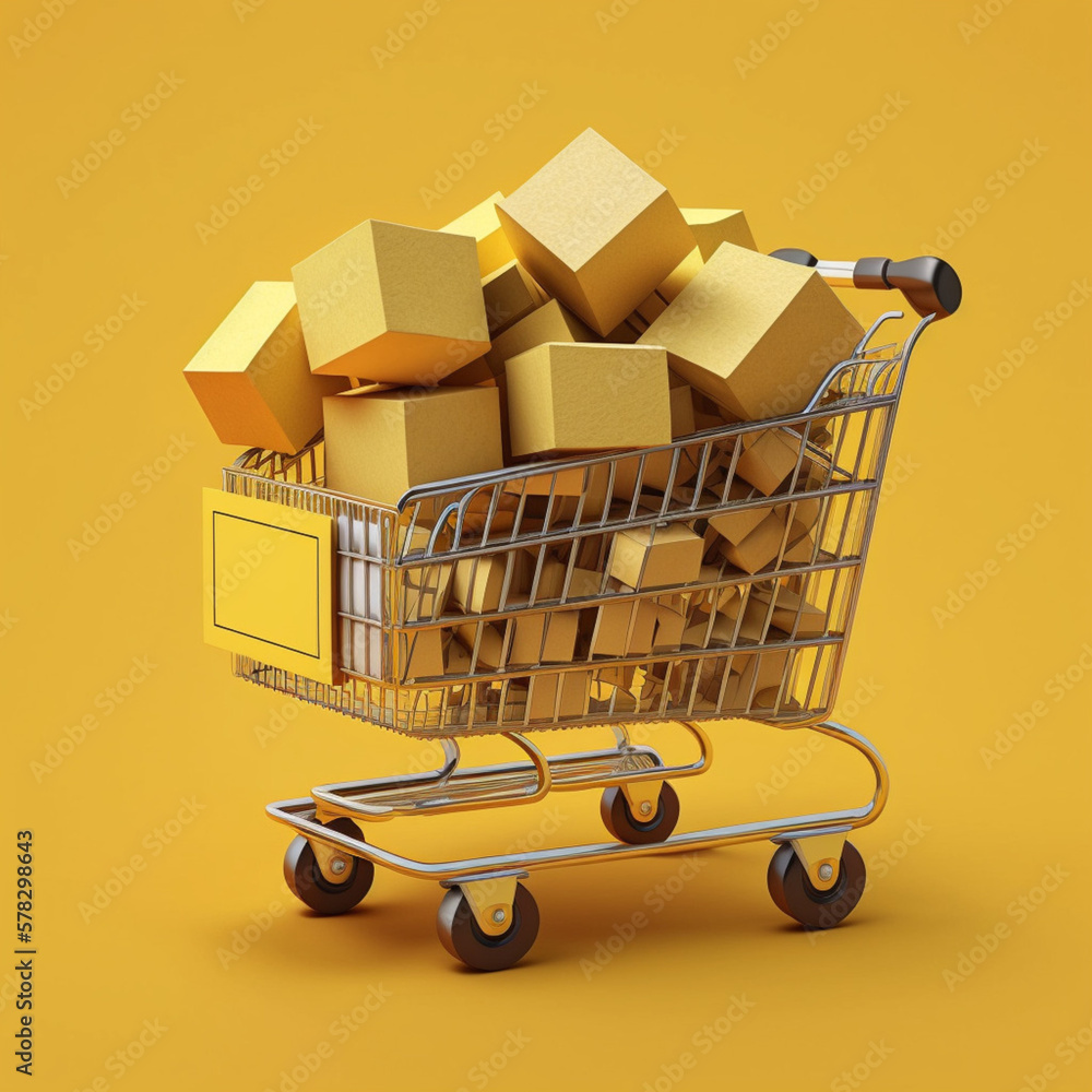 Shopping cart with packages on a yellow background. Generative AI.