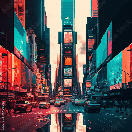 Times Square in New York at night. Generative AI.