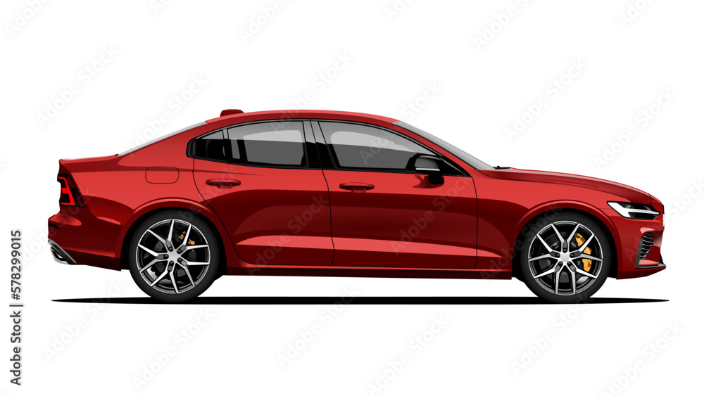 Realistic vector red sedan in side view 