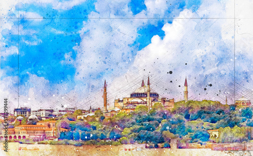 View of Hagia Sophia mosque from the sea , watercolor sketch work .