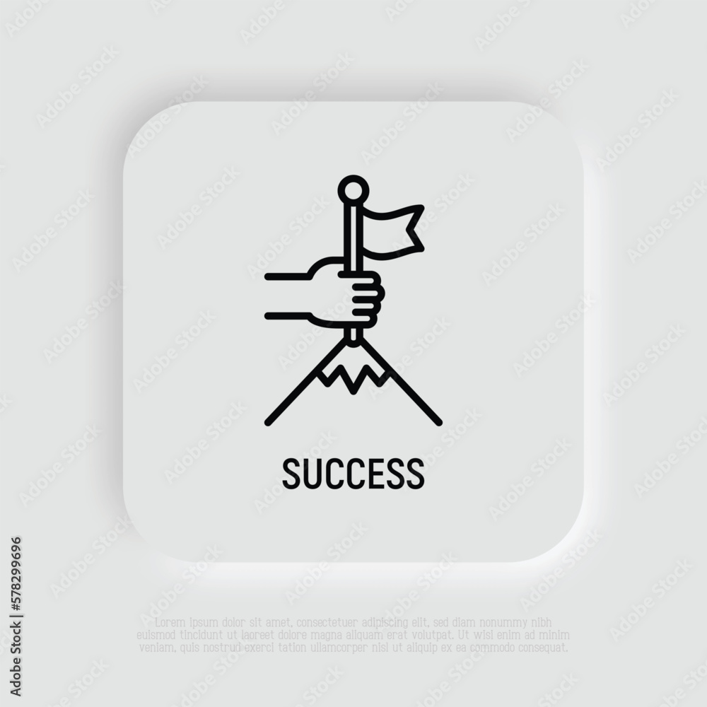 Success thin line icon: human hand puts flag in mountain top. Leadership, winning, goal achievement. Modern vector illustration. Success thin line icon: human hand puts flag in mountain top. Leadership, winning, goal achievement. Modern vector illustration.