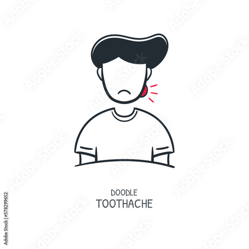 Toothache doodle line icon, swollen cheek man hand drawn vector cartoon illustration
