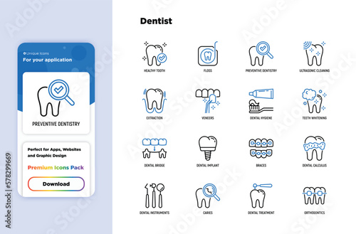 Dentist thin line icons set: dental instruments, caries under magnifier, orthodontics, tooth extraction, veneers, tooth whitening, implant, braces, calculus, ultrasonic cleaning. Vector illustration.
