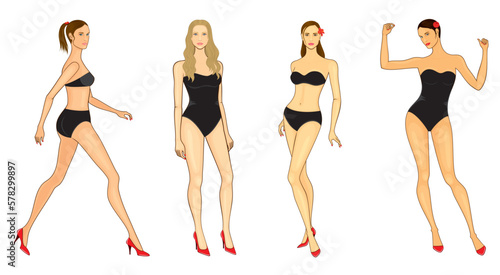 Vector set of fashion women in multiple poses, in swimsuit, isolated, on white background