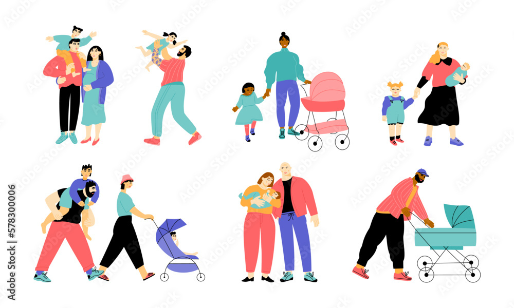 Different traditional heterosexual families. Young parents and their kids. Father, mother, children. Vector flat illustration