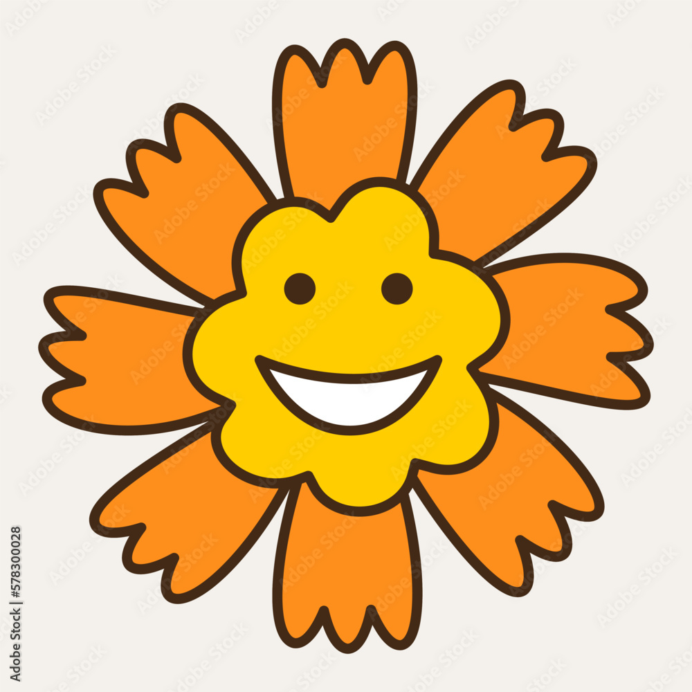 Smiling flower, abstract personage, mascot design, funny face, cute icon.