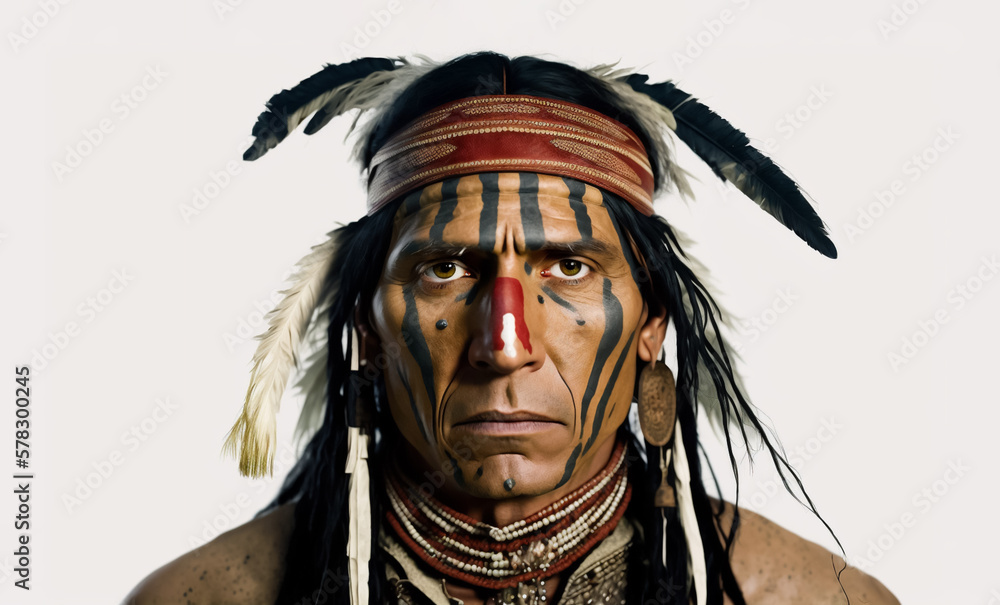 Native American Indian from North American, Wearing feathers and war paint. Portrait isolated on white background. Illustrative Generative AI. Not a real person.