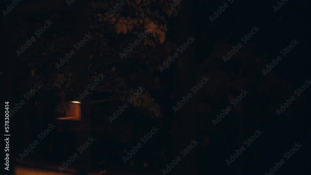 Snow Falling Outside The Cabin On Dark Winter Night. wide Snow Falling Outside The Cabin On Dark Winter Night. wide
