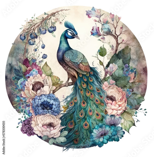 Fototapeta Naklejka Na Ścianę i Meble -  Vintage peacocks with peonies isolated on white background. Watercolor digital illustration Generative AI