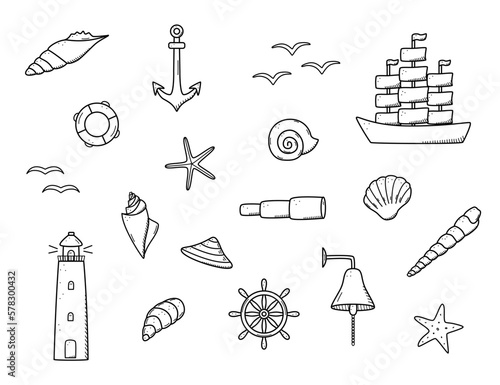 Murais de parede Sea set of elements, doodle icons of sea life