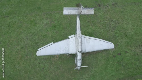 Aerial view above model of downed junker Stuka bomber in Battle of Britain memorial, Kent