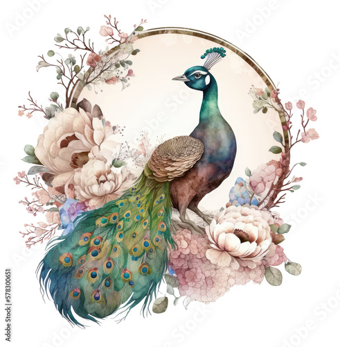 Fototapeta Naklejka Na Ścianę i Meble -  Vintage peacocks with flowers peonies isolated on white background. Watercolor digital illustration Generative AI