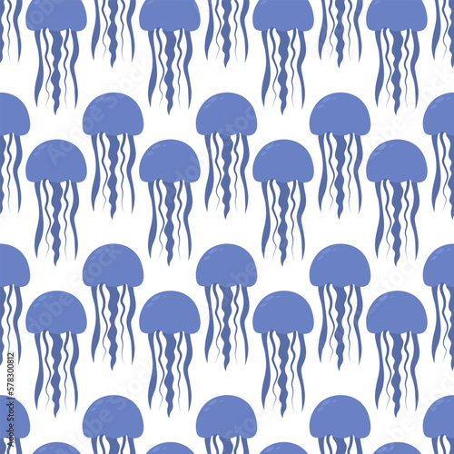 Blue medusa. Eared Aurelia. Seamless vector pattern. Endless ornament of marine invertebrates with tentacles. Flat style. Isolated background. Ocean dweller. Idea for web design.