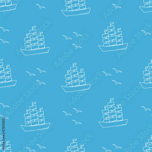 Seamless pattern of a ship with three masts. Vector doodle background historical naval frigate with sails and seagulls.