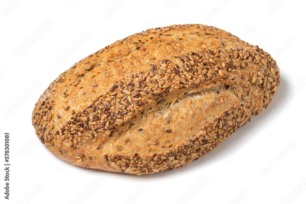 Fresh whole loaf country bread covered with seeds close up isolated on white background Fresh whole loaf country bread covered with seeds close up isolated on white background